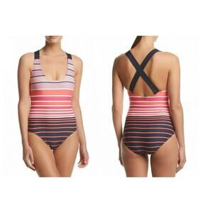 Michael Kors Women's One Piece Swimsuit Cruise Striped Pink Navy 10 NWT